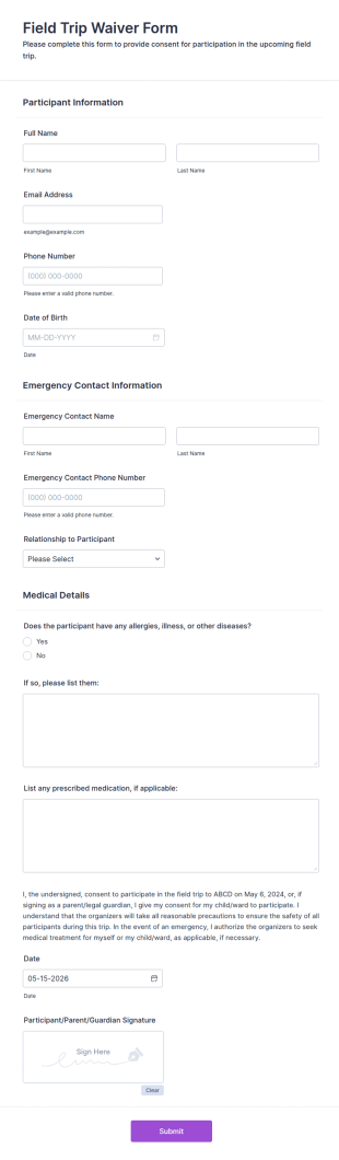 Field Trip Waiver Form Template