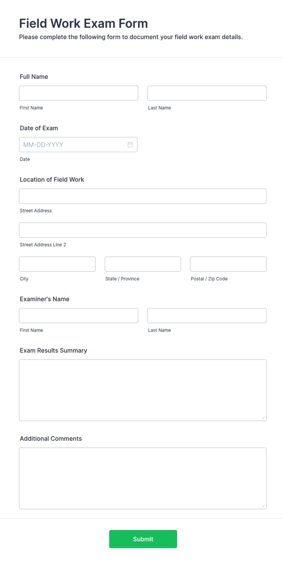 Field Work Exam Form Template | Jotform
