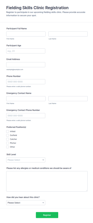 Fielding Skills Clinic Registration Form Template
