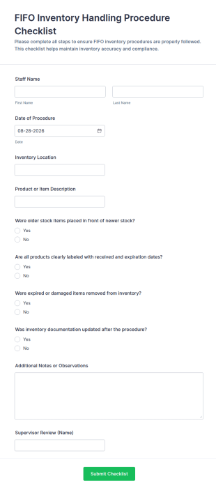 FIFO Inventory Handling Procedure Checklist Form Template