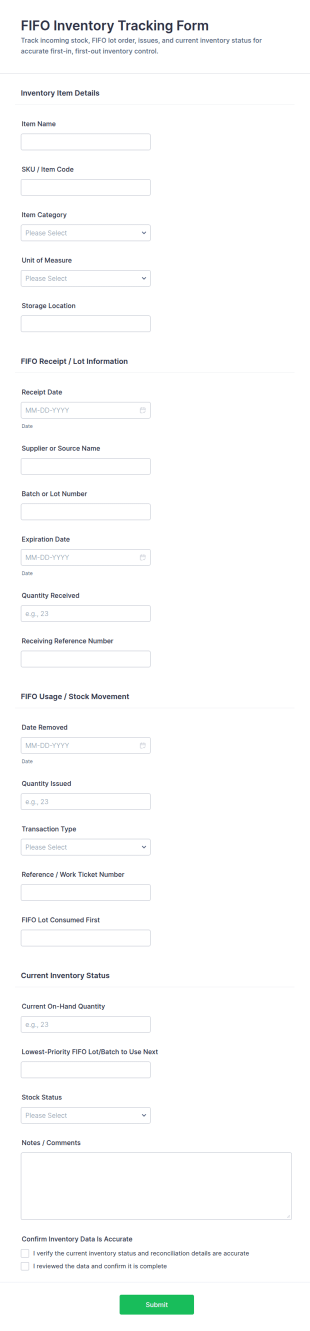 FIFO Inventory Tracking Form Template
