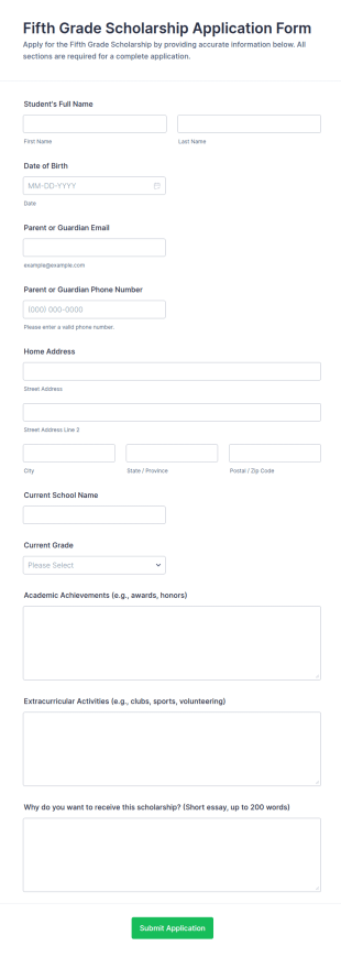 Fifth Grade Scholarship Application Form Template