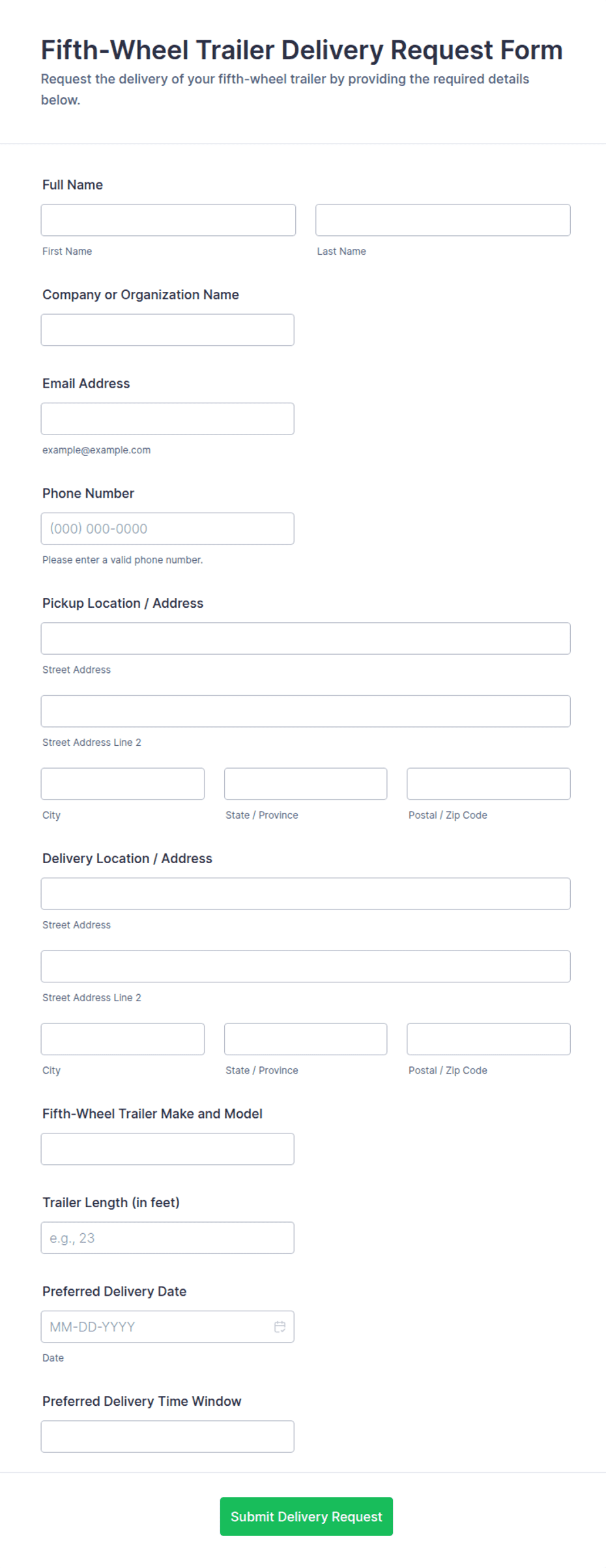 Fifth-Wheel Trailer Delivery Request Form Template | Jotform