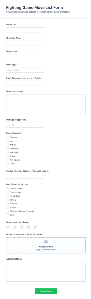 Fighting Game Move List Form Template