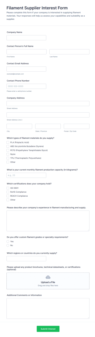 Filament Supplier Interest Form Template