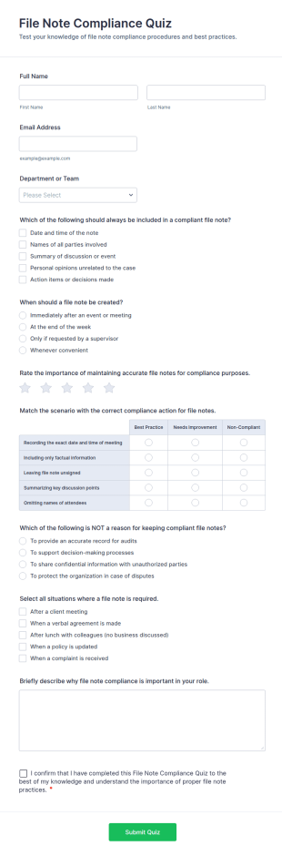 File Note Compliance Quiz Form Template