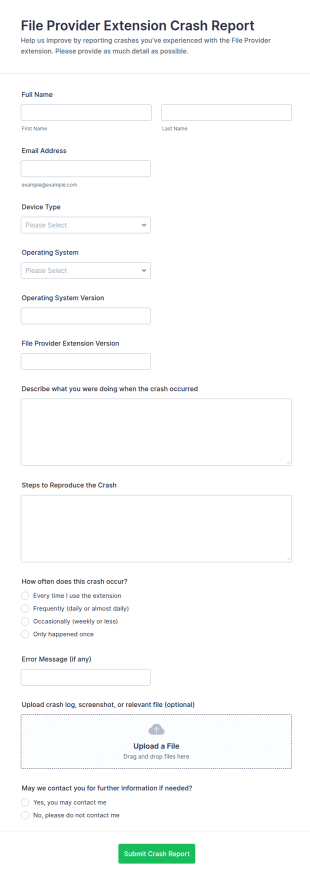 File Provider Extension Crash Report Form Template