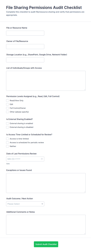 File Sharing Permissions Audit Checklist Form Template