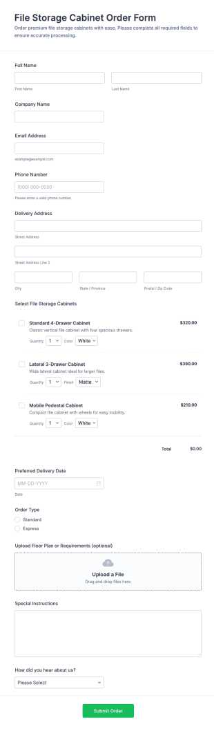 File Storage Cabinet Order Form Template