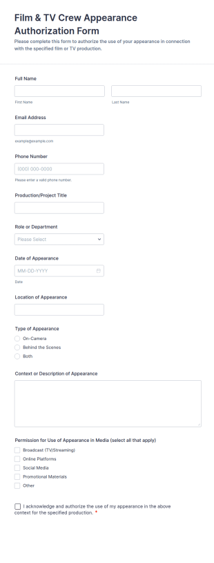 Film & TV Crew Appearance Authorization Form Template