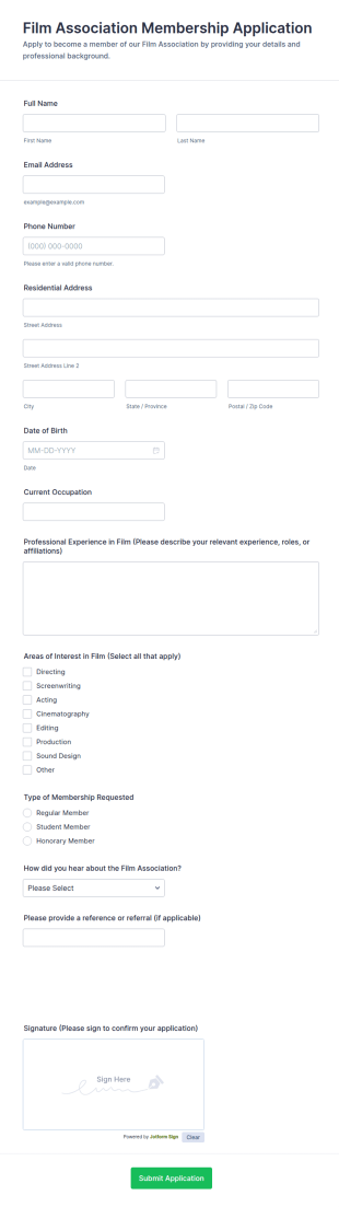 Film Association Membership Application Form Template