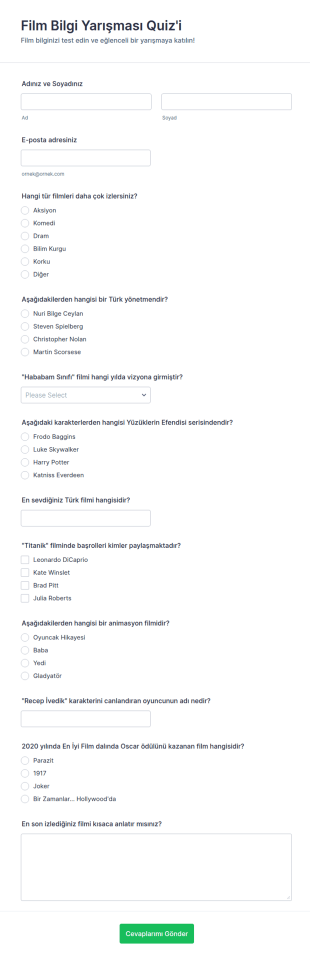 Film Bilgi Yarışması Quiz'i Form Şablonu