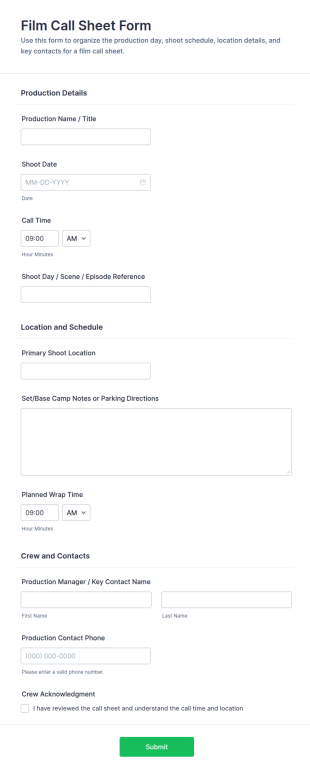 Film Call Sheet Form Template