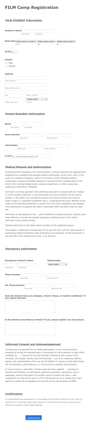 Film Camp Detailed Registration Form Template
