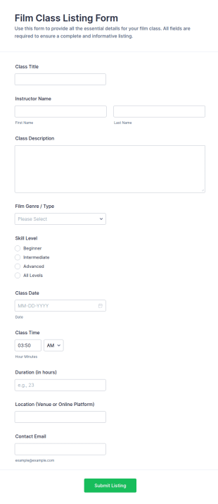 Film Class Listing Form Template