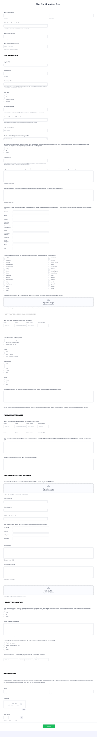 Film Confirmation Form Template