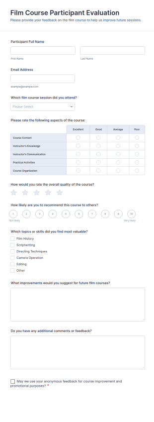Film Course Participant Evaluation Form Template