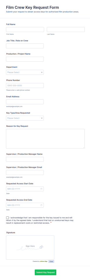 Film Crew Key Request Form Template