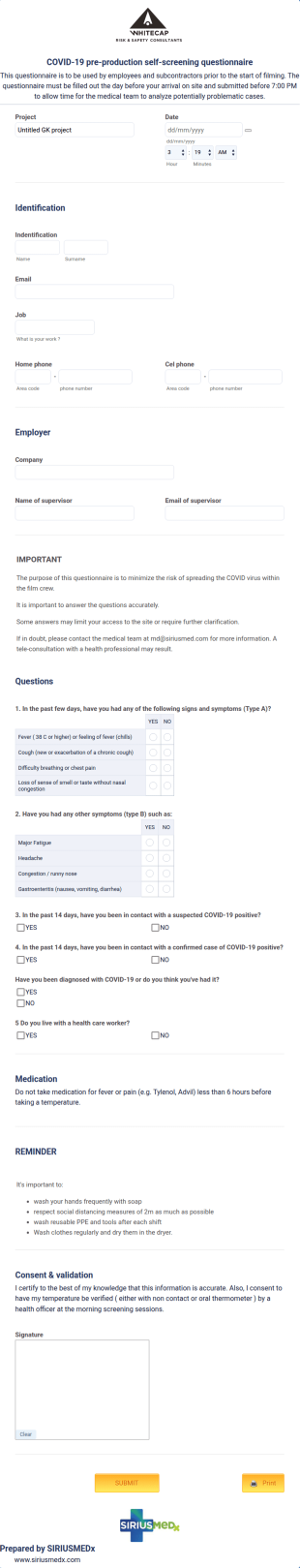 Film Crew Self Assessment COVID Screening Form Template