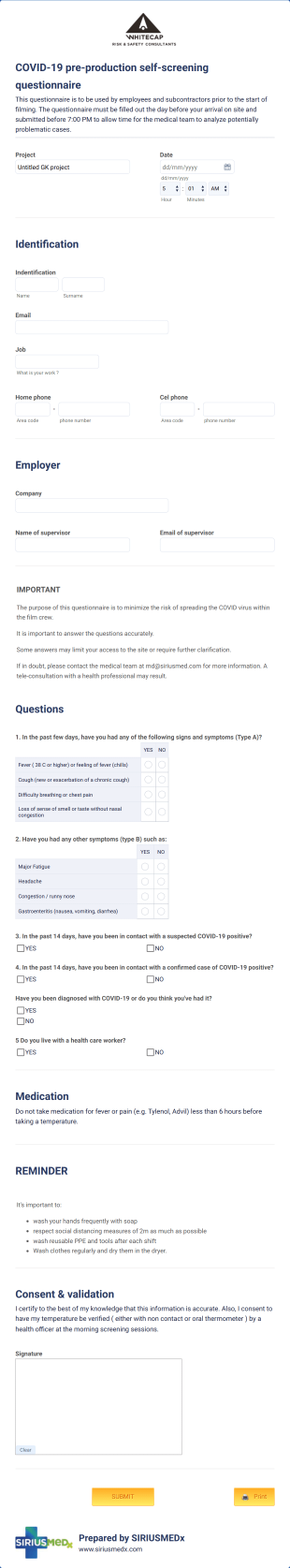 Film Crew Self Assessment COVID Screening Form Template