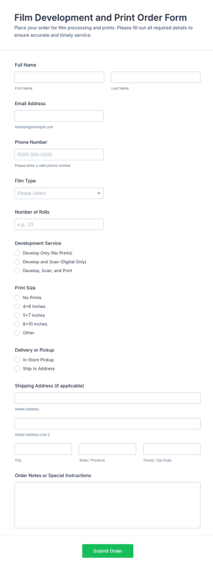 Film Development And Print Order Form Template
