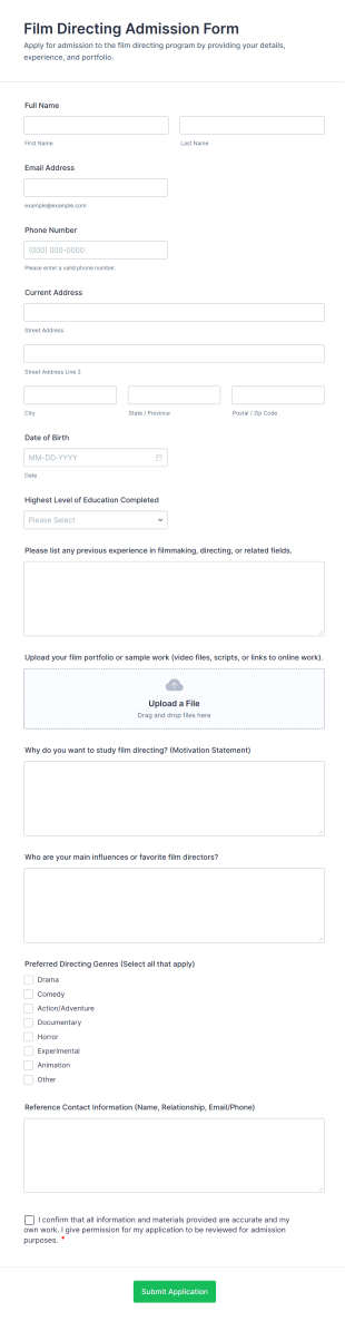 Film Directing Admission Form Template