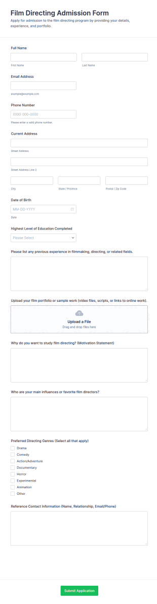 Film Directing Admission Form Template