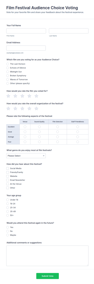 Film Festival Audience Choice Voting Form Template
