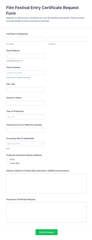 Film Festival Entry Certificate Request Form Template