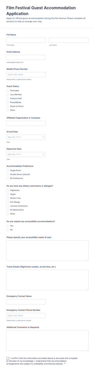Film Festival Guest Accommodation Application Form Template