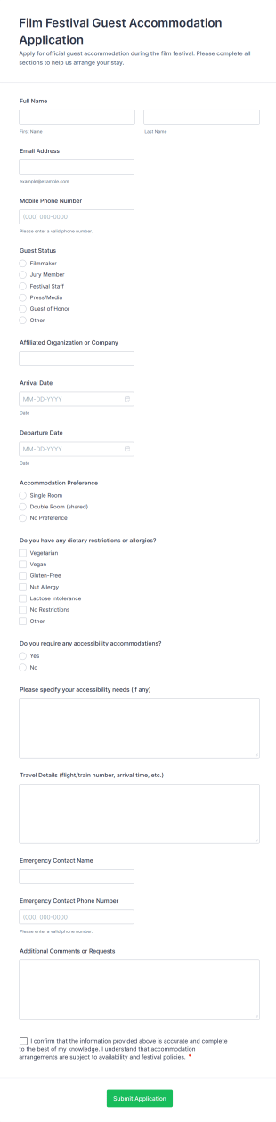 Film Festival Guest Accommodation Application Form Template