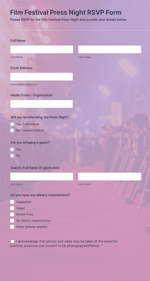 Film Festival Press Night RSVP Form Template