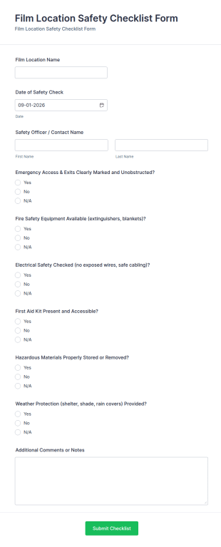 Film Location Safety Checklist Form Template