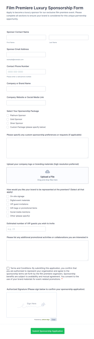 Film Premiere Luxury Sponsorship Form Template