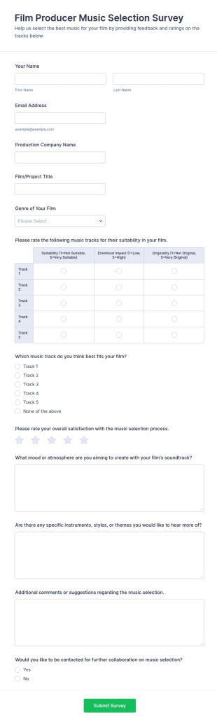 Film Producer Music Selection Survey Form Template