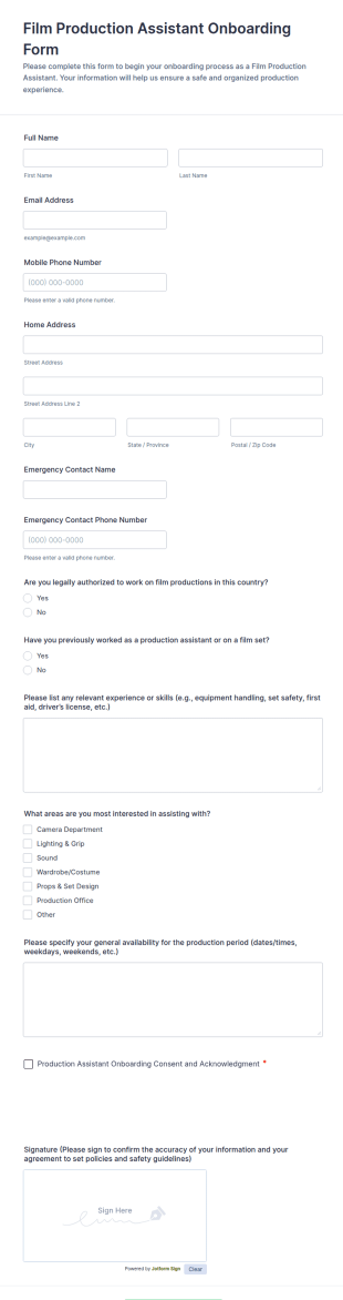 Film Production Assistant Onboarding Form Template