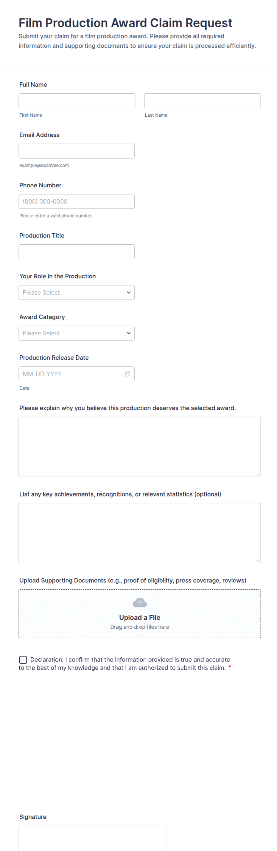 Film Production Award Claim Request Form Template | Jotform
