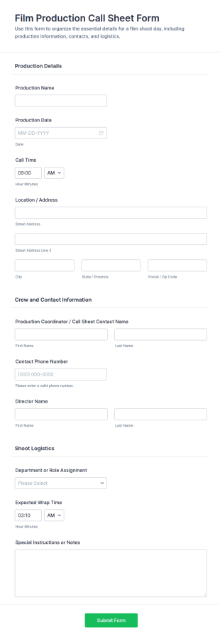 Film Production Call Sheet Form Template