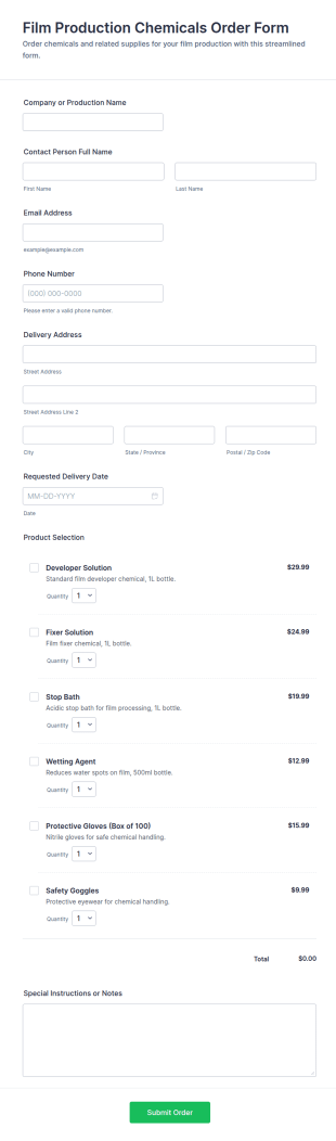 Film Production Chemicals Order Form Template