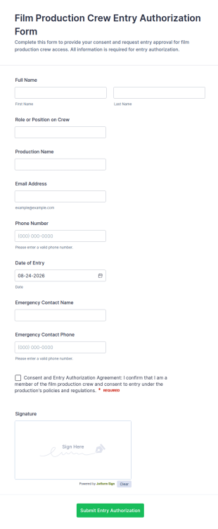 Film Production Crew Entry Authorization Consent Form Template