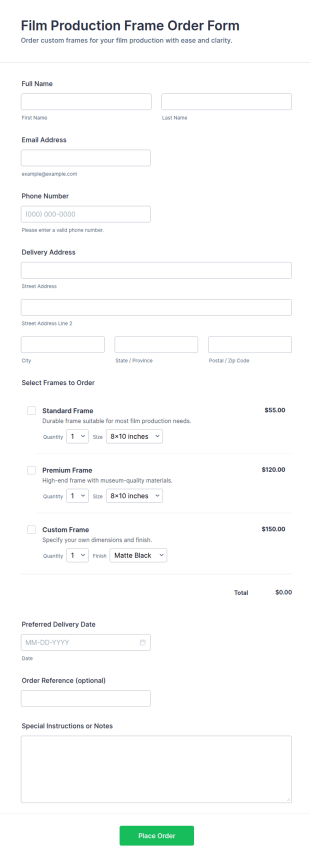 Film Production Frame Order Form Template