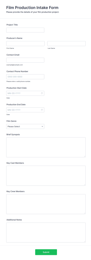 Film Production Intake Form Form Template
