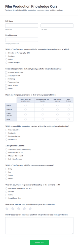 Film Production Knowledge Quiz Form Template