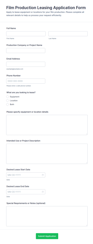 Film Production Leasing Application Form Template