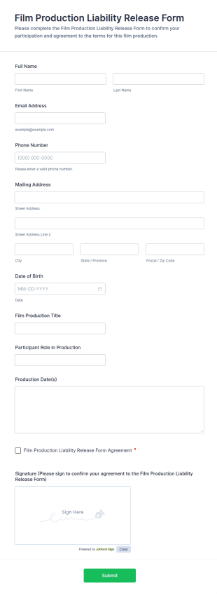 Film Production Liability Release Form Template
