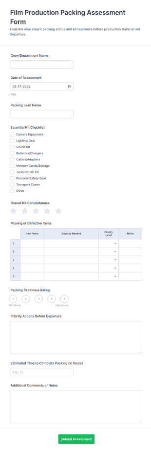 Film Production Packing Assessment Form Template