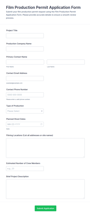 Film Production Permit Application Form Template