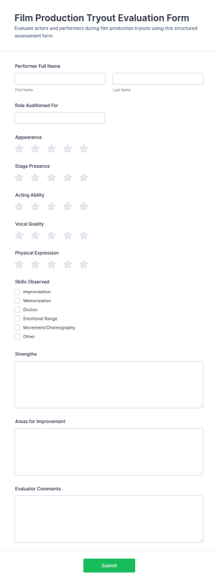 Film Production Tryout Evaluation Form Template