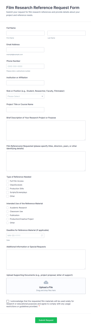 Film Research Reference Request Form Form Template