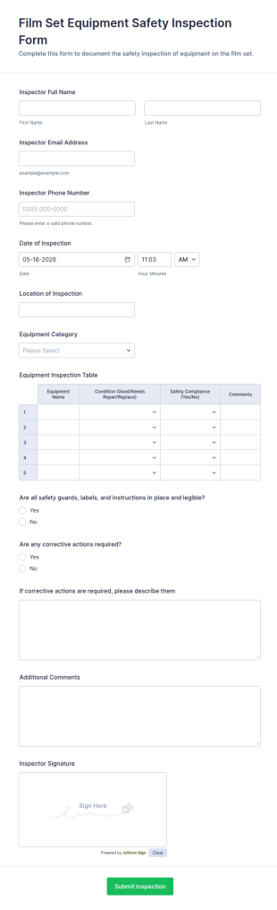 Film Set Equipment Safety Inspection Form Template